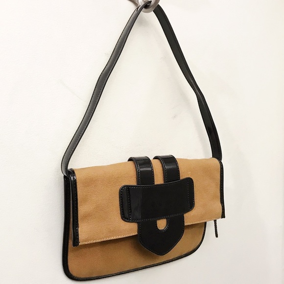 Tila March Paris Zelig Brown Canvas Black Patent Leather Shoulder Clutch Bag - Picture 3 of 12